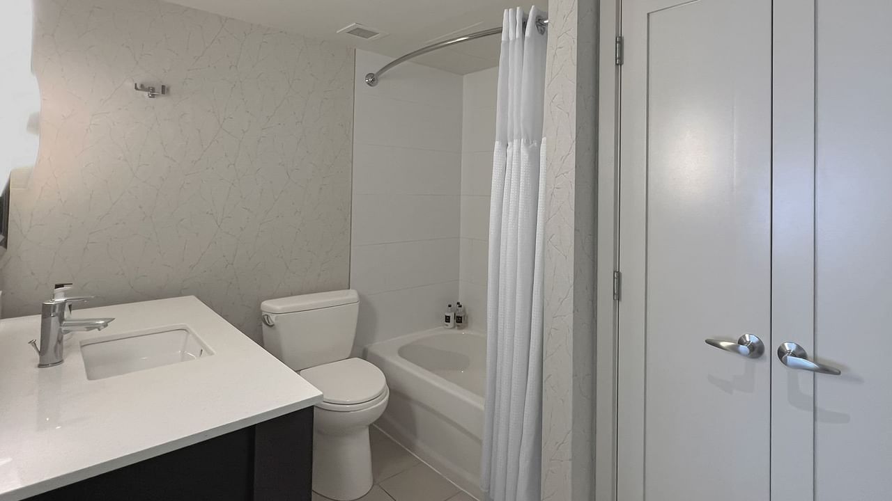 Bathroom with toilet, mirror, shower and sink