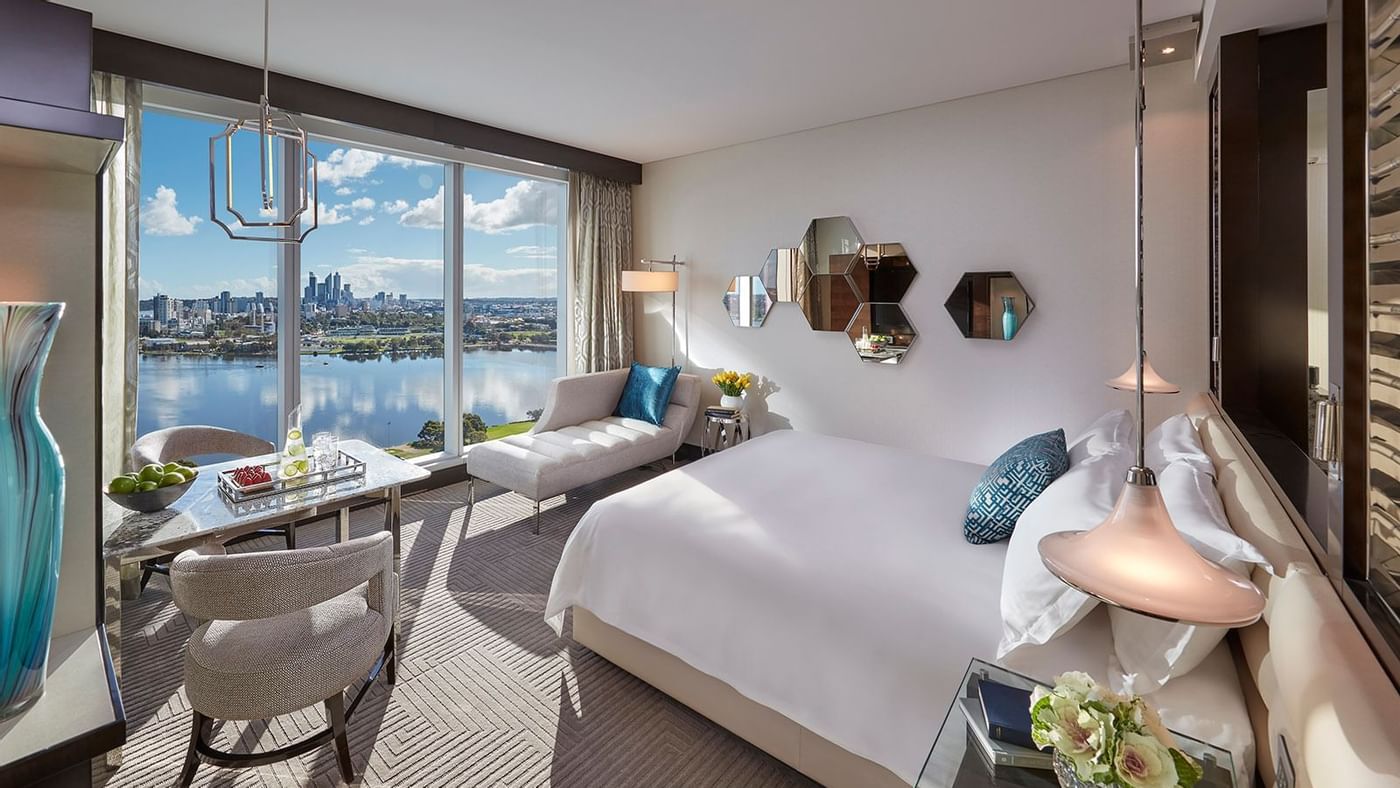Interior of the Premier King bedroom at Crown Hotels