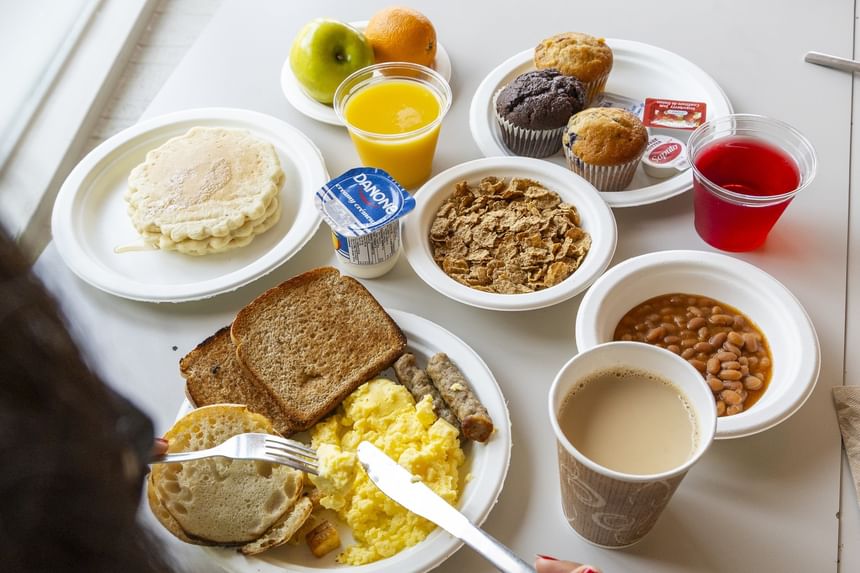 Delicious breakfast spread with eggs & pancakes, and coffee showcasing the Rodd Moncton breakfast experience