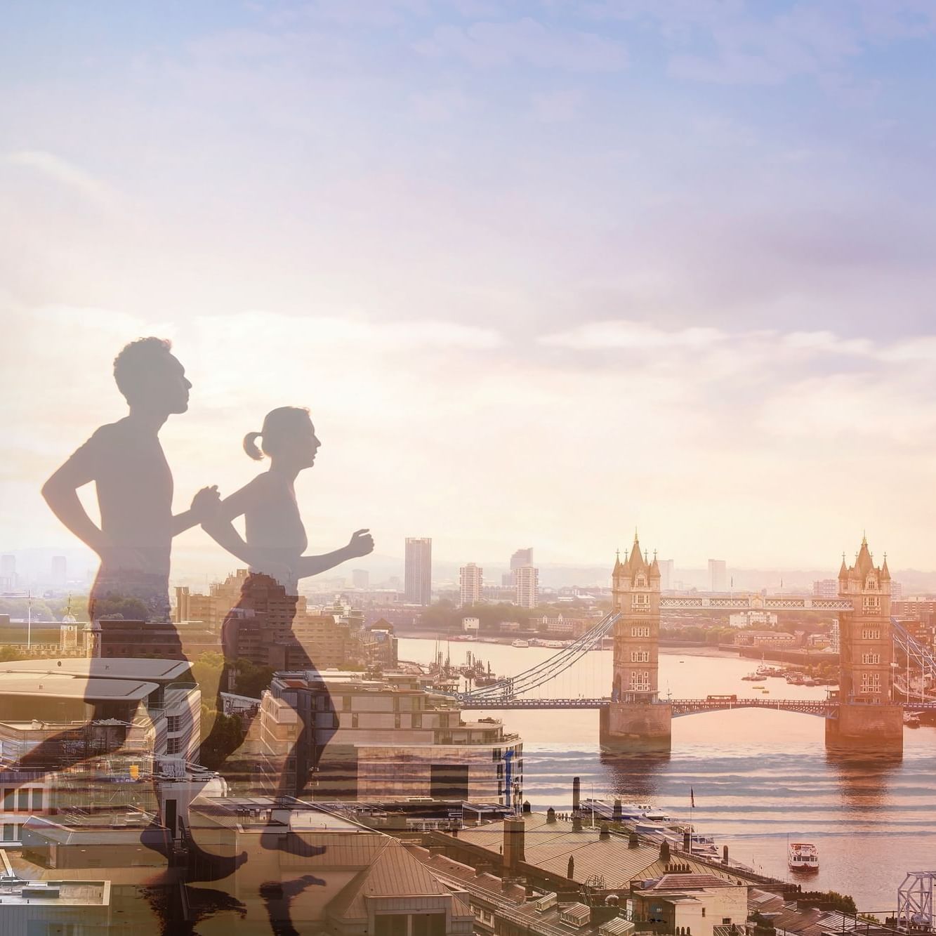 Two joggers ( man and woman) on a panoramic view of London