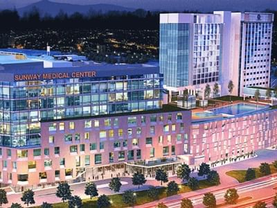 Aerial view of the Sunway Medical Centre next to Sunway Hotel Seberang Jaya at night