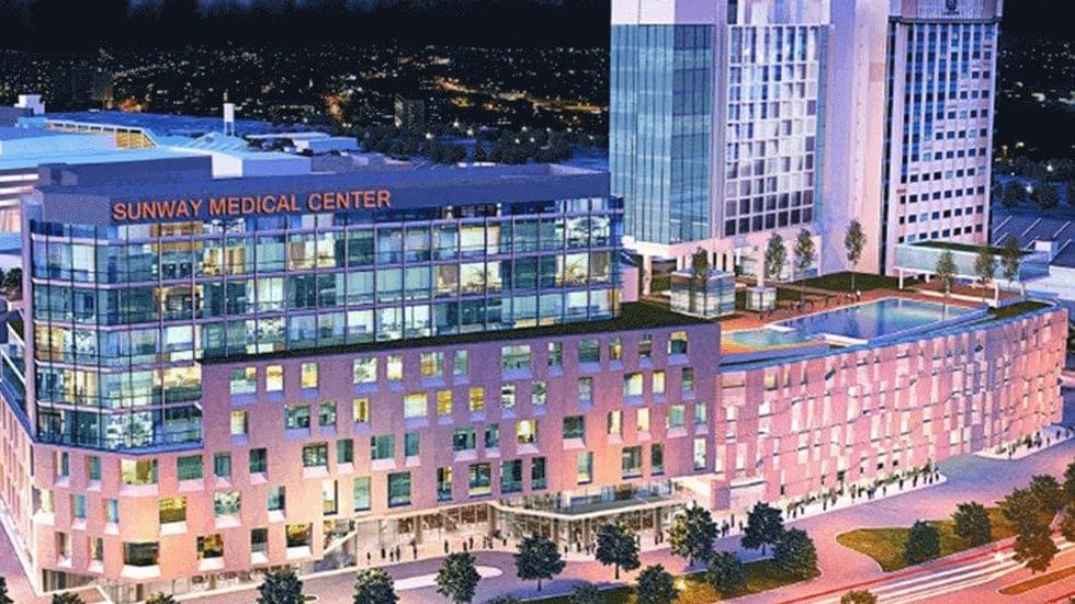 Aerial view of the Sunway Medical Centre next to Sunway Hotel Seberang Jaya at night