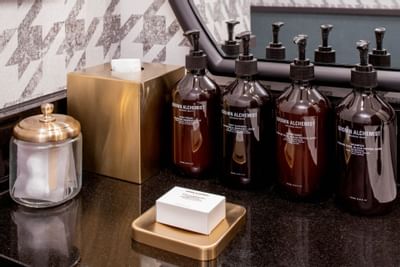 Closeup of guest bathroom bath amenities at Pelham Hotel