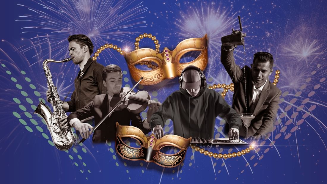 Musicians saxophone, violin, DJ and bar tender with masquerade masks and fireworks on a blue background promoting new years eve dinner gala and countdown party