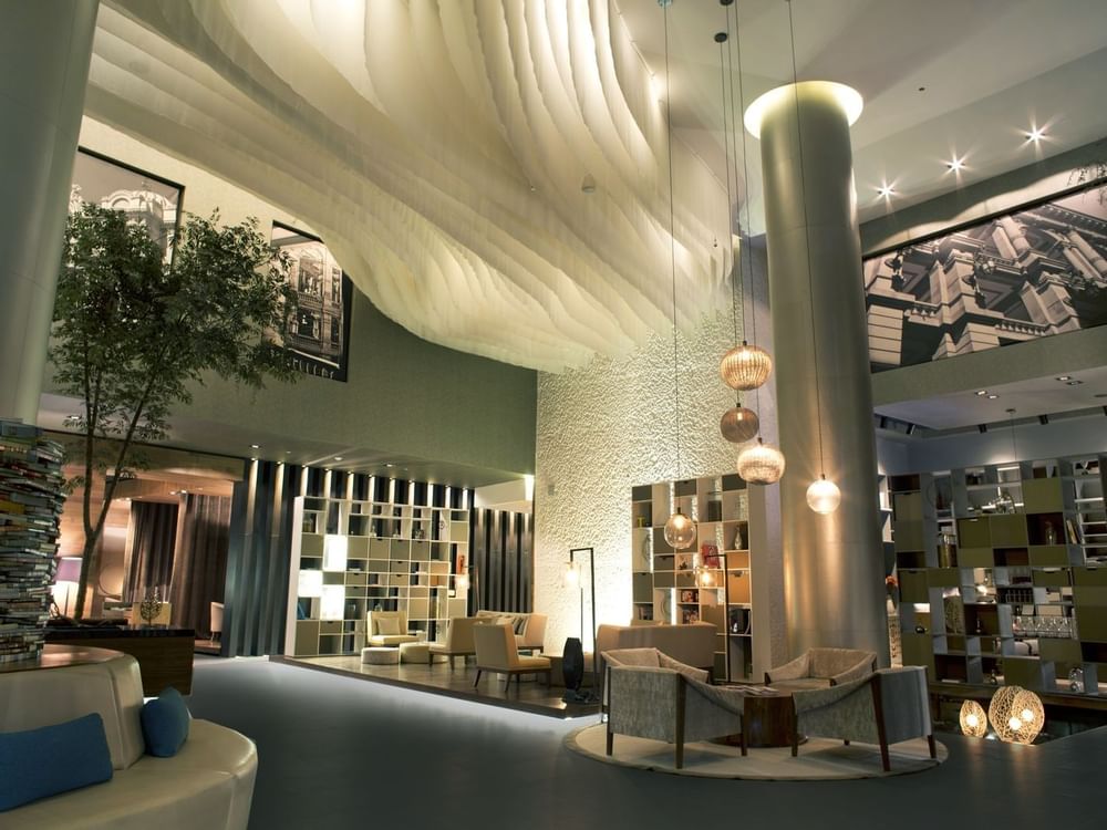 Hotel lobby and lounge area at Live Aqua Urban Resort Mexico