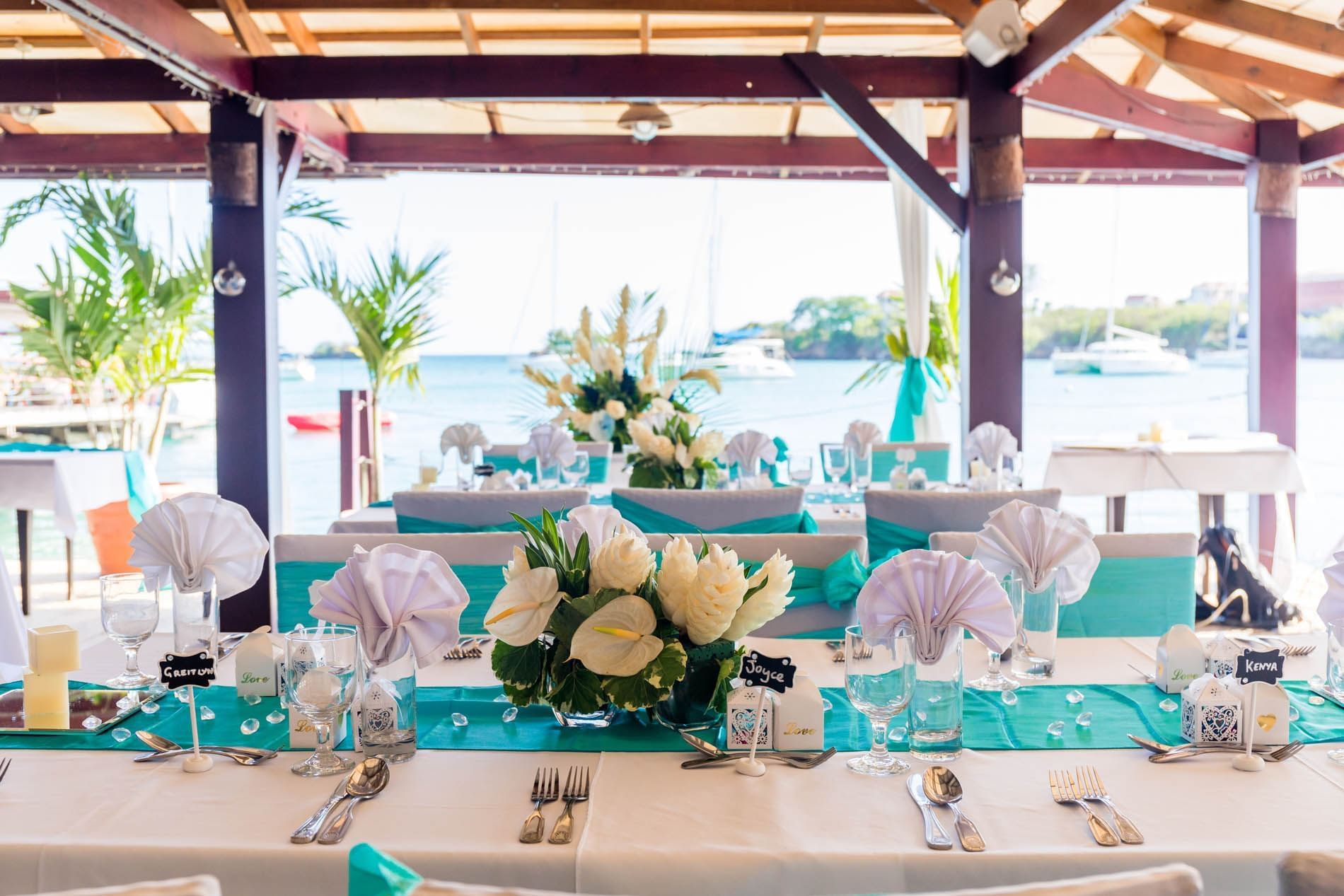 Closeup of a wedding table setup at True Blue Bay Hotel