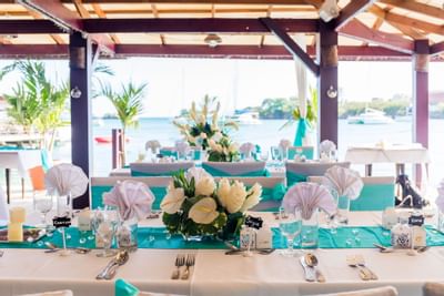 Closeup of a wedding table setup at True Blue Bay Hotel