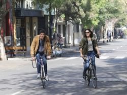 Two people cycling side by side on a tree-lined street in The Plaza De Armas Square in Santiago de Chile.