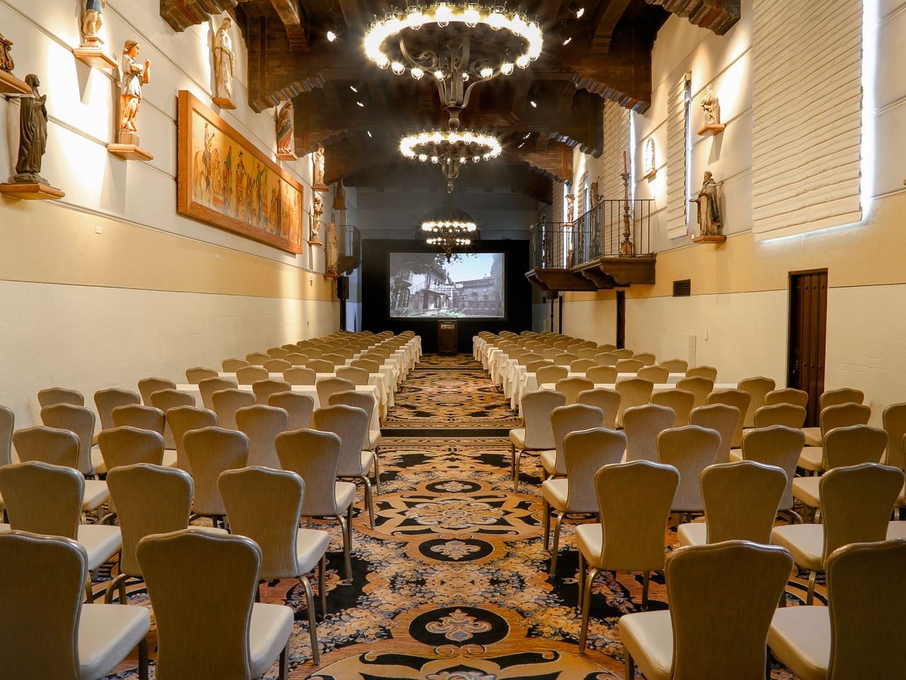 conference with large projection screen and chairs