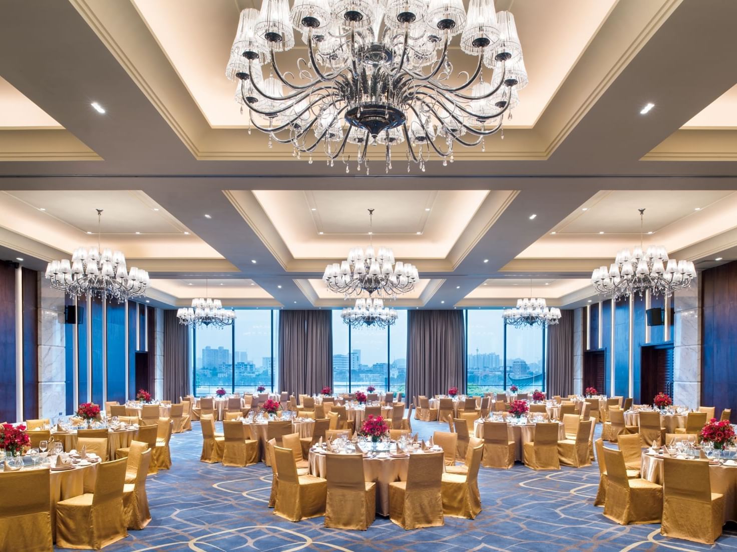Banquet tables arranged in Grand Ballroom at White Swan Hotel