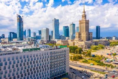 Aerial view of the Metropol Hotel & buildings in Warsaw City on a sunny day