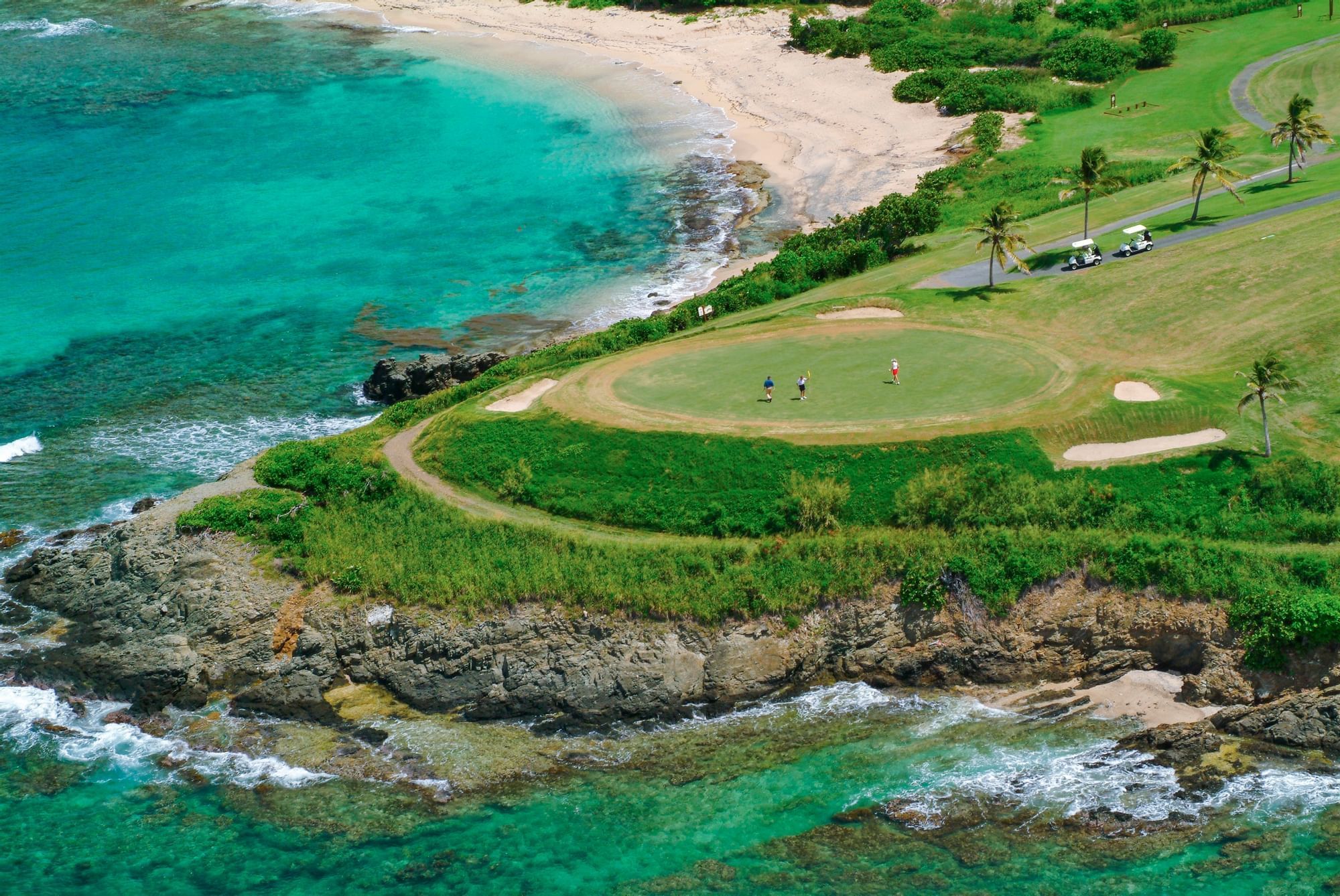 Aerial view of beautiful ocean & golf ground near The Buccaneer Resort St. Croix