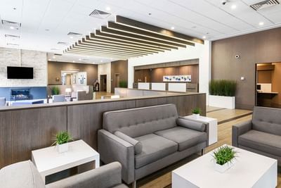 lobby and lounge area of modern hotel