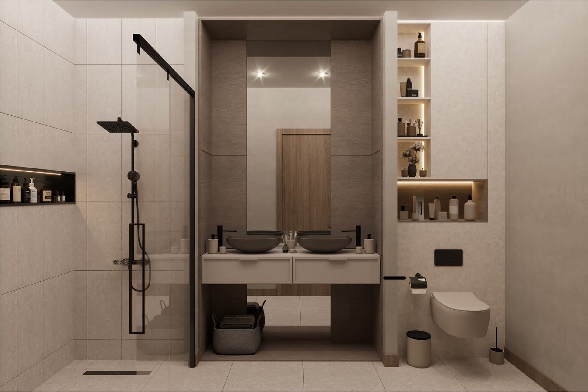 Modern bathroom with a double vanity, a sleek shower, and minimalist decor in BlueZone Residence at A'ila Residences