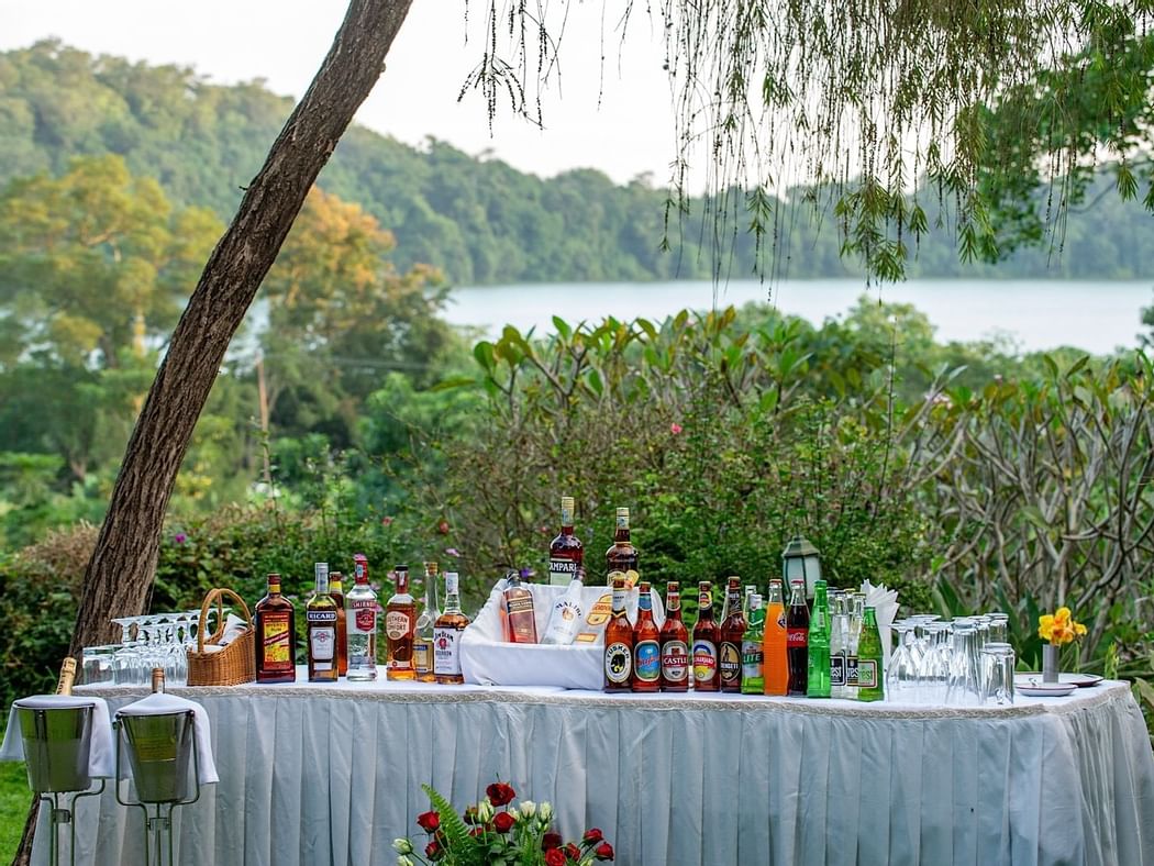 Liquor bottles displayed by the Lake at Arusha Serena Hotels