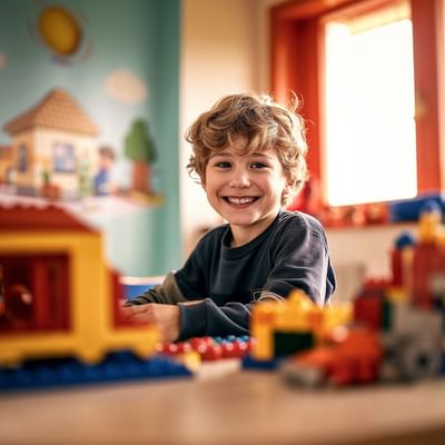 Bambino sorridente con un set di costruzioni di treni davanti a una parete decorata.