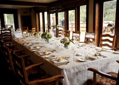 The banquet table in a Ballroom at Stein Eriksen Lodge
