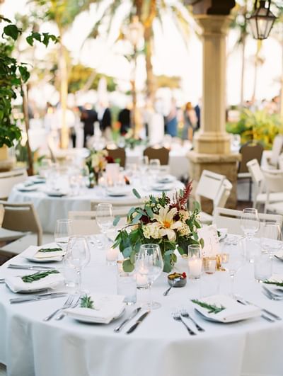 Close up on a table setup with floral deco at Santa Barbara Inn