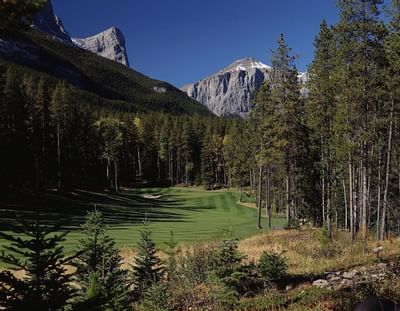 Stewart Creek Golf & Country Club nestled among tall evergreens with majestic mountains near Blackstone Mountain Lodge