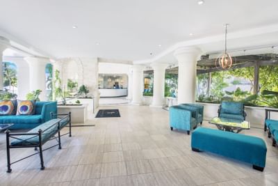 Interior of the lobby area with lounges at Bougainvillea Resort
