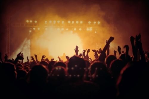 Silhouettes of an audience at a concert facing a stage with haze and golden lighting.