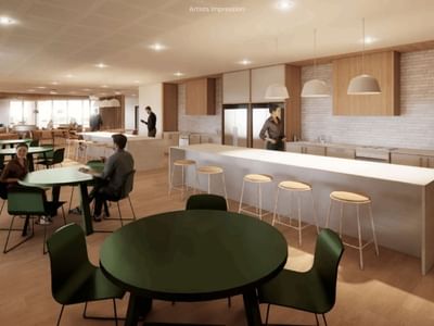 Artist's impression of a modern communal lounge with tables, stools, and kitchen area at UniLodge Brisbane City.