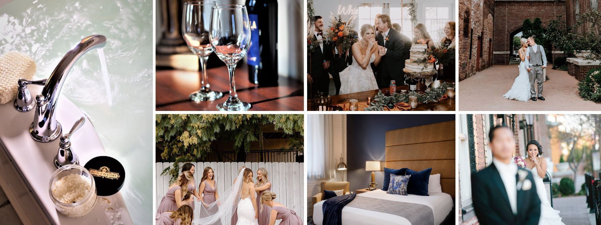 Photo collage of honeymoon suites and wedding parties