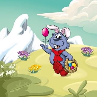 Blue bunny holding a basket of eggs and a balloon at Golmi's Easter Festival.