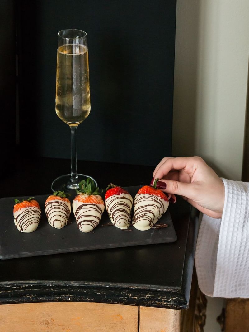 Champagne and Strawberries Closeup at The May Fair Hotel London