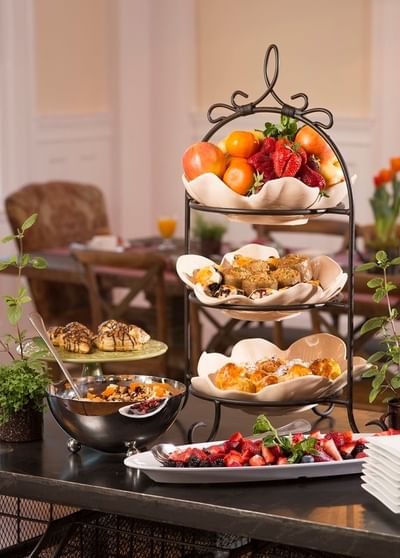Platter of assorted snacks and fresh fruits served in the Lodge at The Stanley Hotel