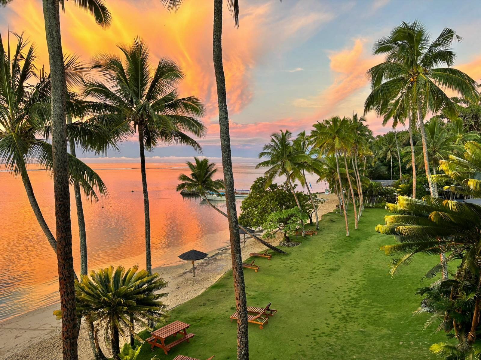 Lush green lawn with benches by palm trees under a vibrant orange sunset at Warwick Fiji Resort and Spa