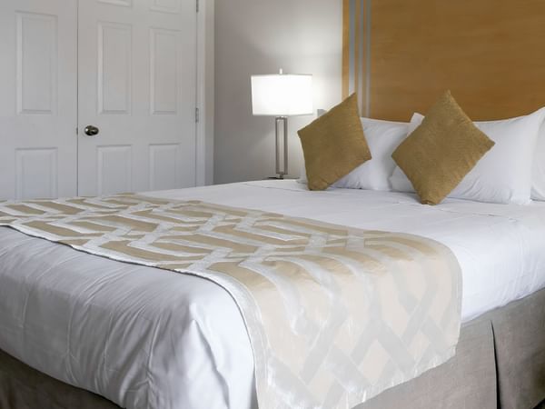 Bed with designer cushions, lamp, bedspread and beige headboard.