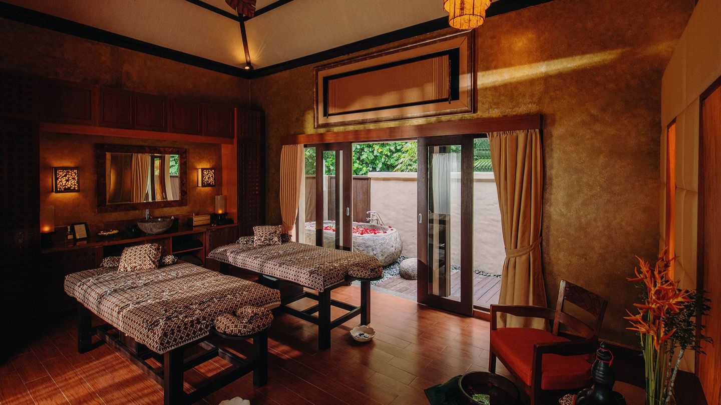 Spa & Wellness Center with elegant warm lighting in wooden flooring at The Banjaran Hotsprings Retreat