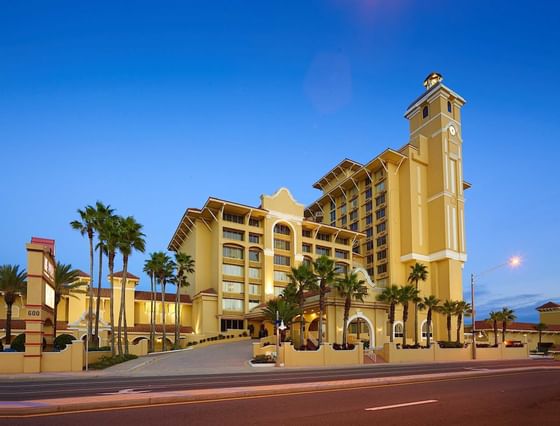 Street view of the front of the resort at dusk, Daytona Beach, A