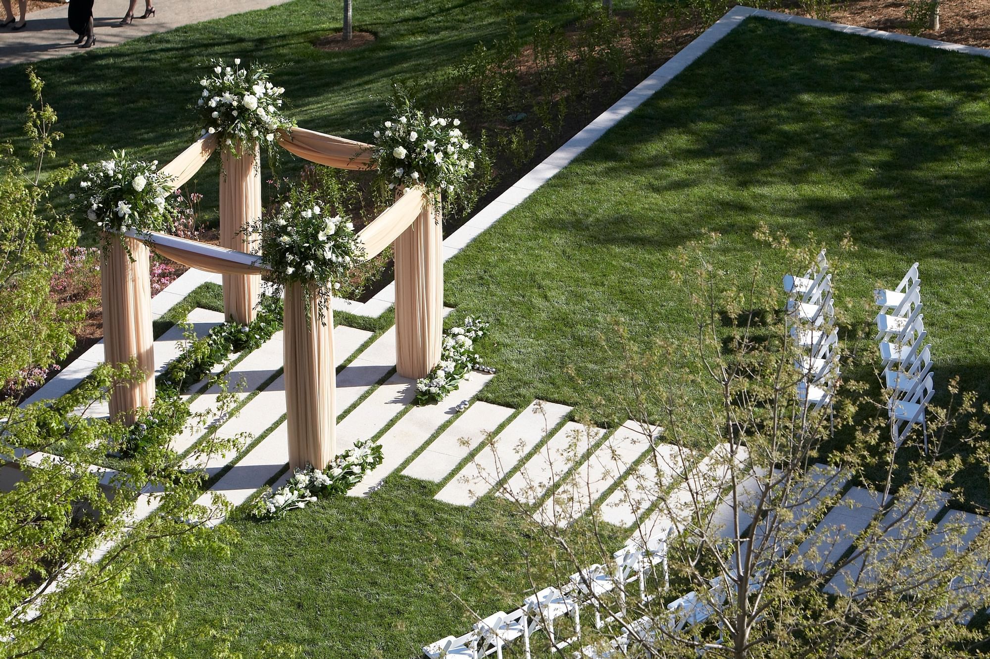 Aerial view of outdoor wedding reception in the Wedding Lawn at Umstead Hotel and Spa