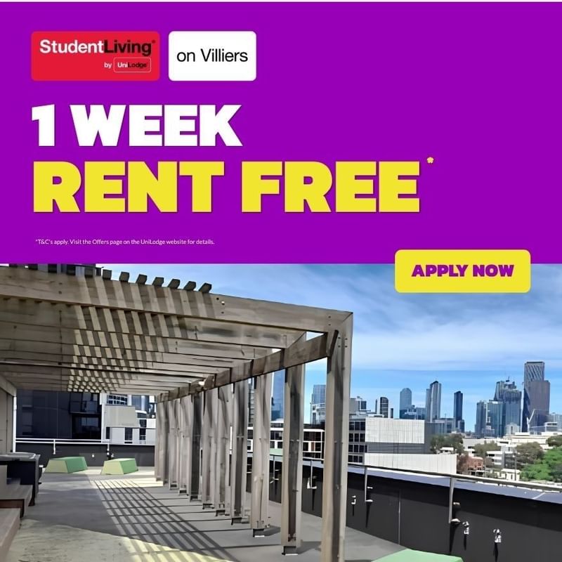 Rooftop terrace with pergola and city skyline views at Student Living on Villiers