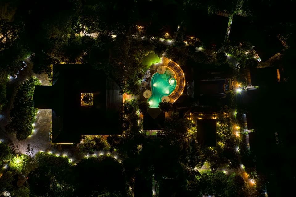 Aerial night view of the hotel at Hideaway Rio Celeste