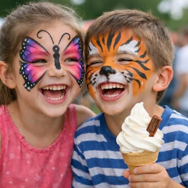 Two kids with face paint and ice cream laughing together at Celebrate Buckingham event