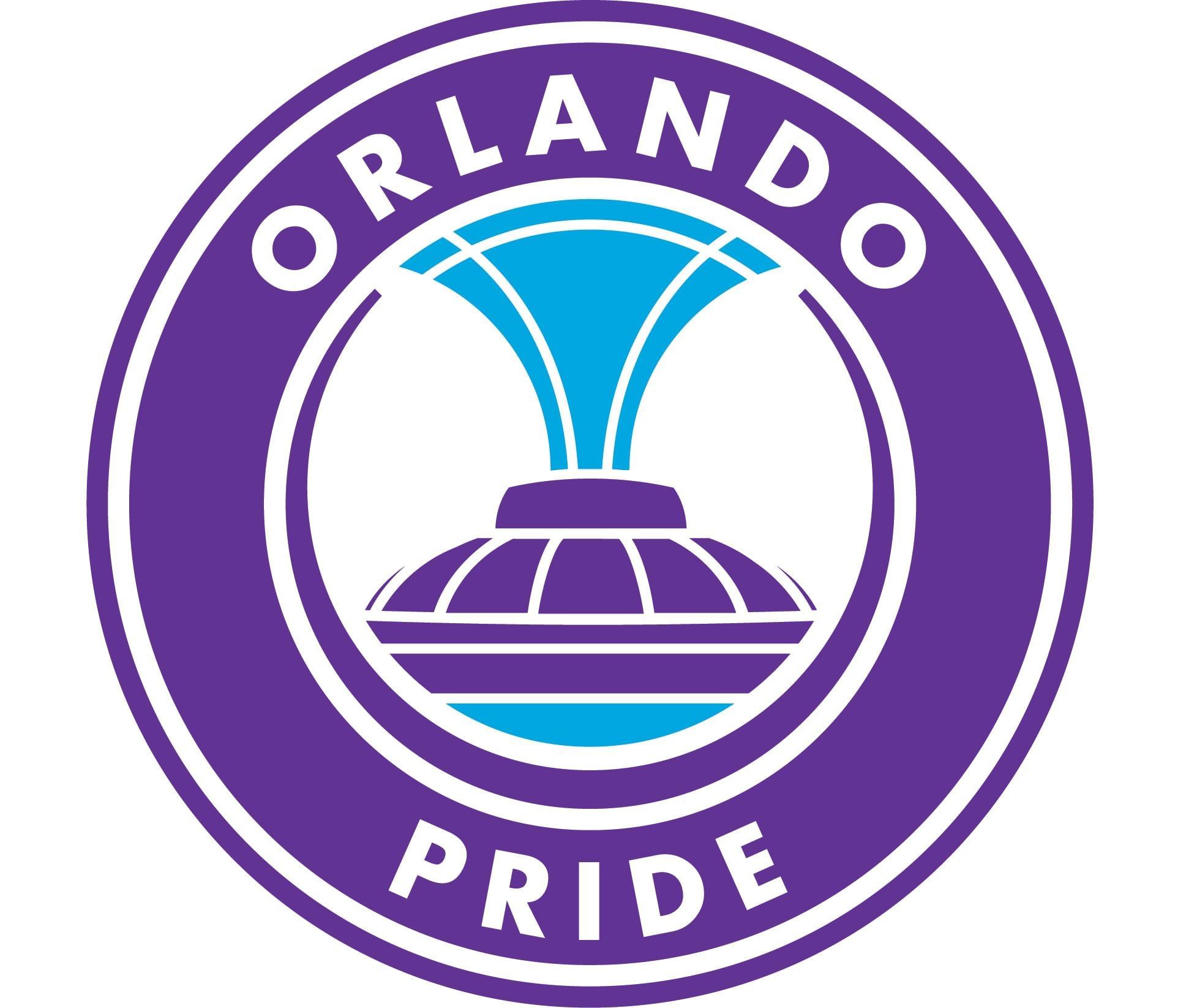The purple and blue Orlando Pride logo with a fountain in the middle of a circle.