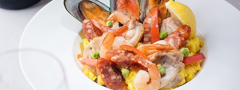 Closeup of seafood dish in Okura At Home at Hotel Okura Manila