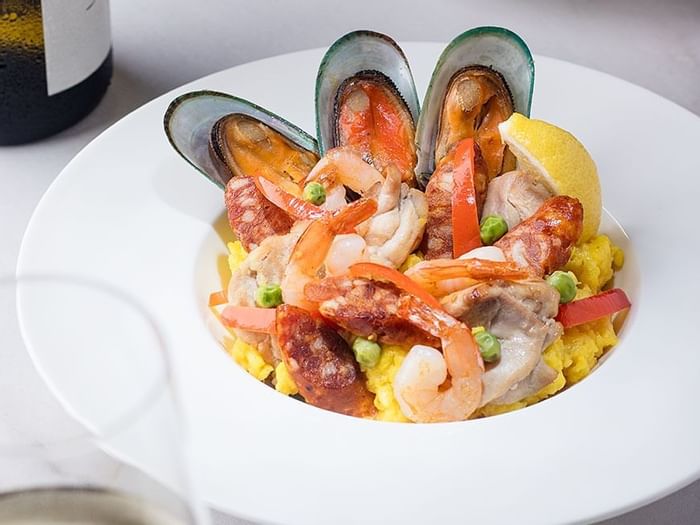 Closeup of seafood dish in Okura At Home at Hotel Okura Manila