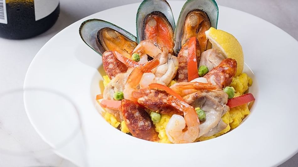 Closeup of seafood dish in Okura At Home at Hotel Okura Manila
