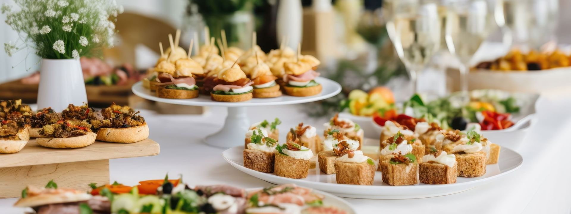 Buffet table with various appetizers, including small sandwiches, crostini, and caprese skewers served at High Peaks Resort