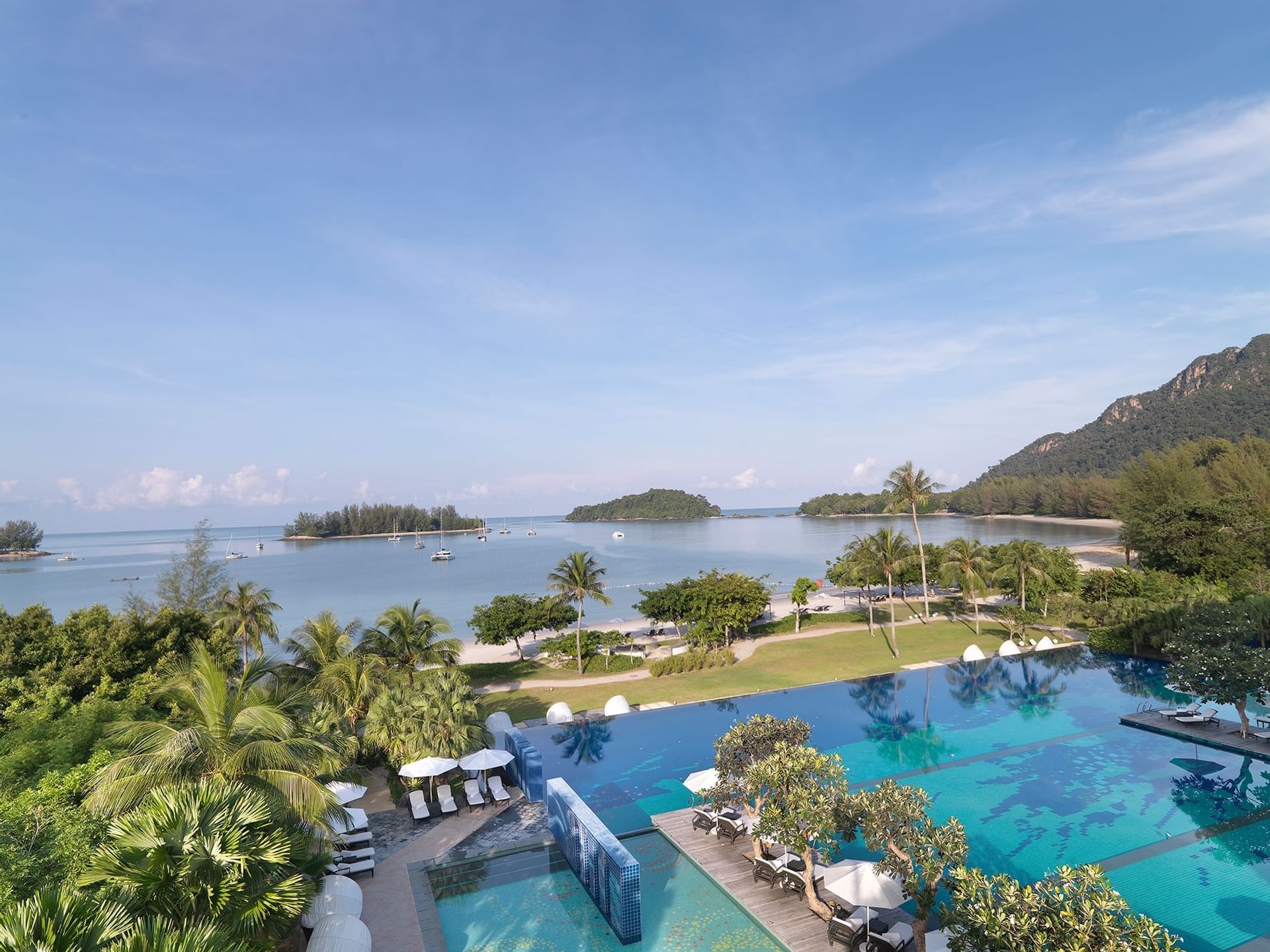 Aerial view of the pool and the ocean from The Danna Langkawi