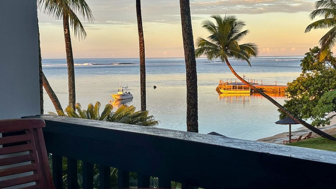 Ocean view from Warwick Deluxe Room balcony at Warwick Fiji Resort and Spa, Korolevu.