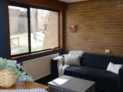 Cozy living area with blue couch and plant in basket at La Trobe University - Chisholm College.