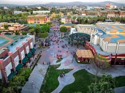 Overhead view of the bustling Downtown Disney® District with numerous shops and attractions.