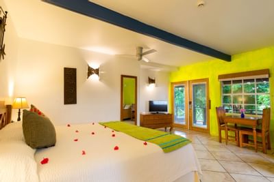 Bedroom arrangement in True Blue Rooms at True Blue Bay Resort