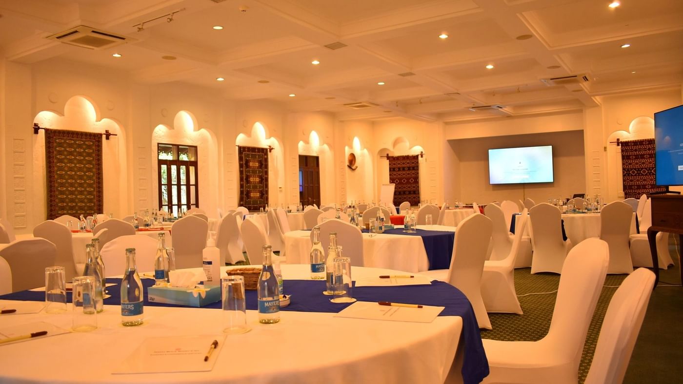 Banquet hall set up for an event at Baobab in Serena Beach Resort & Spa Mombasa.