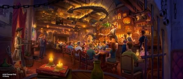 An artist's rendering of a dimly lit tavern with glowing lights, long tables, and an anchor-shaped chandelier hanging from the ceiling.